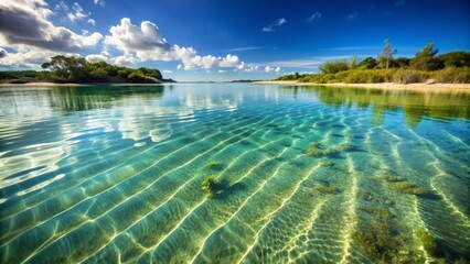 Fototapeta premium A calm lagoon with water as transparent as glass, the sandy bottom and patches of seaweed visible beneath the surface.