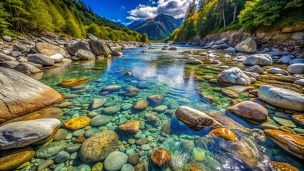 Fototapeta premium A clear river flowing through a rocky landscape, the transparent water revealing the intricate patterns of the riverbed.