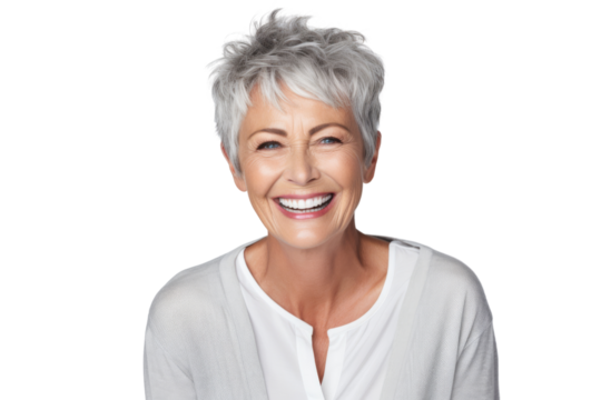 Happy elderly woman with short hair and bright smile Isolated on white background