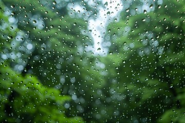 Raindrops on window with green blurred background. Nature concept.