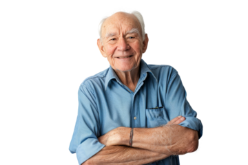 Happy elderly man with arms crossed Isolated on white background