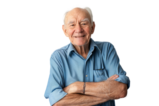 Happy elderly man with arms crossed Isolated on white background