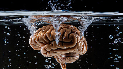 Human Brain Submerged in Water, Concept of Brainwashing, Mental Manipulation, Water Immersion, Psychological Influence, Mind Control Illustration, Brainwashing Concept, Surreal Imagery, Cognitive
