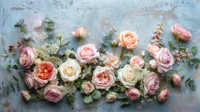 floral event design, elegant pastel floral arrangements on textured backdrop, perfect for gardencore-themed invitations or events