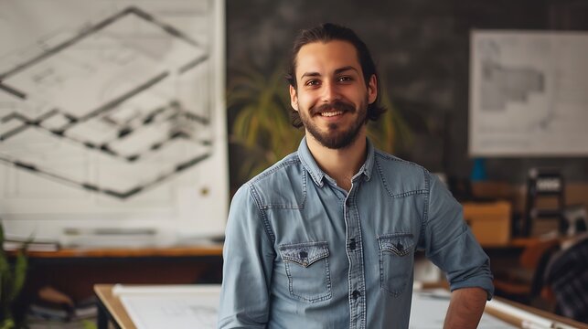 A male architectural drafter smiling creatively at the camera with a drafting table and blueprints in the background showcasing precision and creativity in architectural design