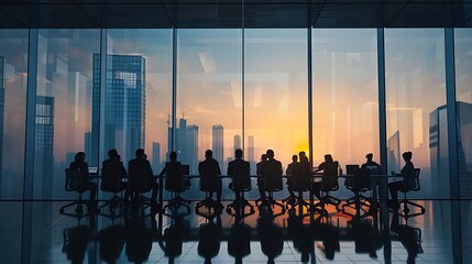 Silhouettes of Business People Looking Out Window at City Skyline During Sunset