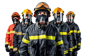 Group of unrecognizable firefighters in protective uniform and helmet isolated on white background
