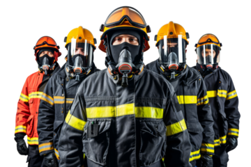 Group of unrecognizable firefighters in protective uniform and helmet isolated on white background