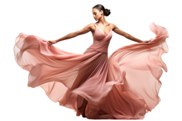 Beautiful female dancer in a glamorous gown executing a graceful move, isolated on white background