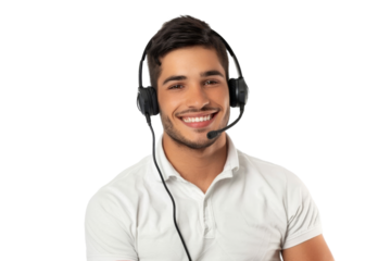 Friendly young male customer support representative with microphone headset, isolated on white background