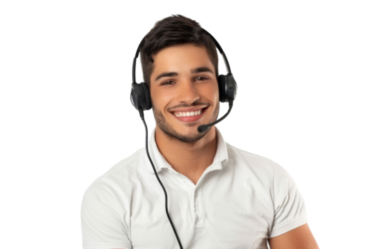 Friendly young male customer support representative with microphone headset, isolated on white background