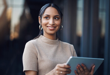 Thinking, smile and woman with tablet by office for communication, network or online schedule....