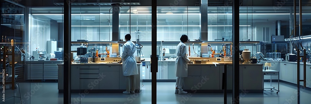 Poster two scientists working in a modern laboratory - a realistic image