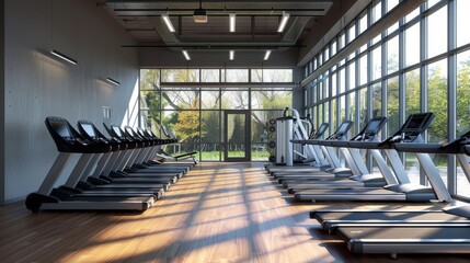 Modern gym with rows of treadmills and large windows