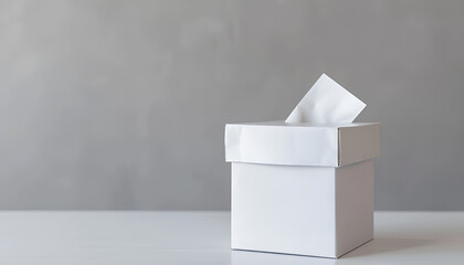 Ballot box with vote on light grey background. Election time
