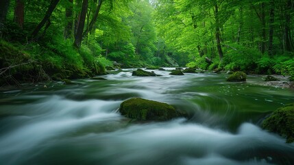 Obraz premium Green Lush Forest Stream With Smooth Flowing Water and Mossy Rocks on a Sunny Day