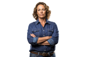 Happy woman truck driver leaning on steering wheel Isolated on white background