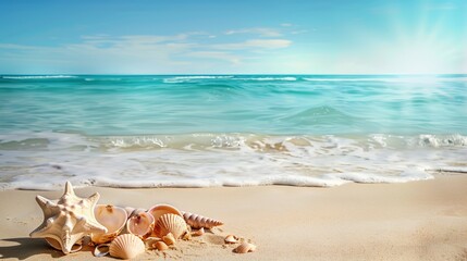 Seashells On A Sandy Beach With Ocean Waves And Blue Sky