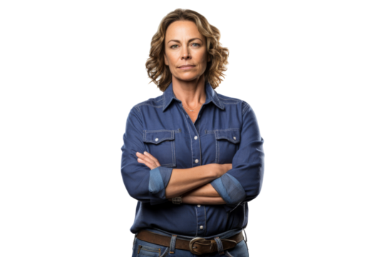 Happy woman truck driver leaning on steering wheel Isolated on white background