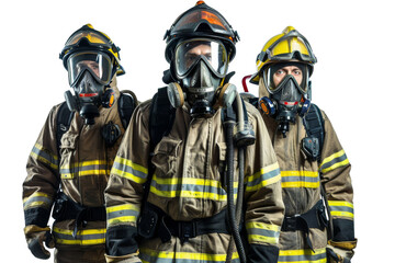 Fototapeta premium Group of unrecognizable firefighters in protective uniform and helmet isolated on white background