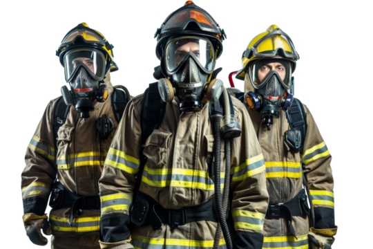 Group of unrecognizable firefighters in protective uniform and helmet isolated on white background