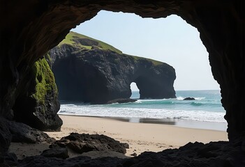 Rugged coastline with dramatic cliff and arch formation, ocean waves, and sandy beach