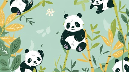 Adorable Pandas Climbing Bamboo In A Lush Green Forest