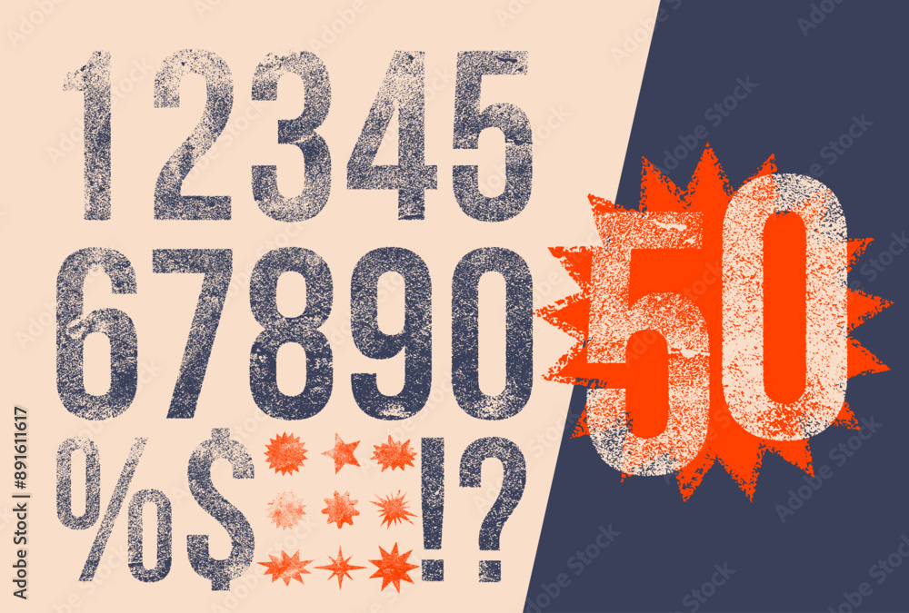Fototapete set of black retro numerals with letterpress effect. numbers calligraphy style. geometric dots textu