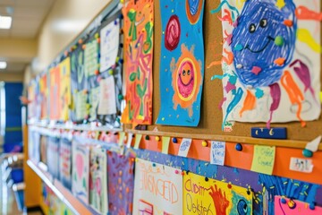 A bulletin board in a classroom, filled with colorful student artwork and welcome messages. 