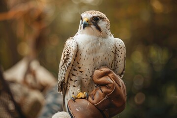 Close-up of a falcon perched on a handler's gloved hand, showcasing its detailed plumage and intense gaze.