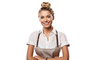 Female barista bartender with braided hair smiling Isolated on white background