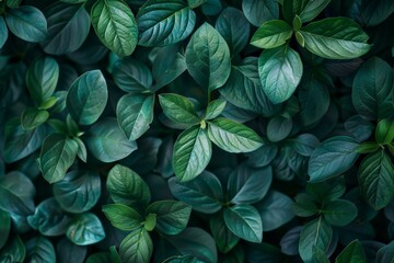 Dark green leaves with detailed textures, creating a lush and natural background in a close-up shot.