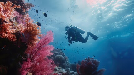 Obraz premium Underwater Adventure: Diver Discovering the Beauty of a Vibrant Coral Reef