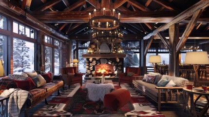 A cozy winter cabin with a roaring fireplace