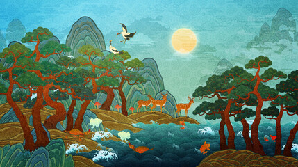 Oriental painting, 10 longevity symbols, Korean traditional folk painting illustrations 동양화, 십장생도, 한국 전통 민화 일러스트 