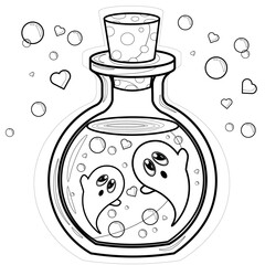 Coloring page for kids and adults. Mermaid colouring book. Cute ghosts in a glass cone. Funny creepy character. Spook the phantom. Cartoon outline vector illustration. Children's illustration.