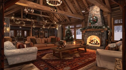 Obraz premium A cozy winter cabin with a roaring fireplace