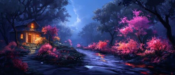 Fototapeta premium painting style illustration magical forest with glitter glow light in romantic atmosphere with small house at night time