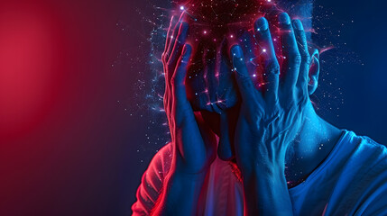 Brain diseases problem cause chronic severe headache migraine. Male adult look tired and stressed