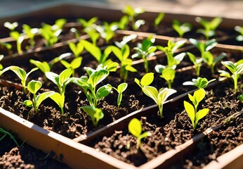 Direction of light and seedlings, plant growth, beauty in nature, seeds and soft sunlight.