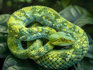 Fototapeta premium Majestic Variable Star Viper Coiled in Lush Tropical Foliage