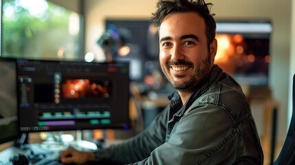Male animator wearing casual attire with a big smile working in front of a computer screen displaying animation software reflecting creativity and dedication to animation