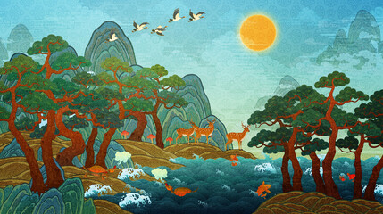 Oriental painting, 10 longevity symbols, Korean traditional folk painting illustrations 동양화, 십장생도, 한국 전통 민화 일러스트 