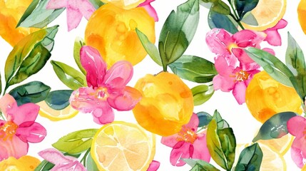 Vivid watercolor pattern with lemons and pink flowers. Fresh and lively, this seamless design is perfect for textiles, wallpapers, and various print projects.