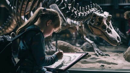 Young Girl Sketches Dinosaur Skeleton in Museum Exhibit