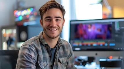 Casual dressed male animator beaming with enthusiasm in front of a computer screen with animation software highlighting creativity and passion for animation work