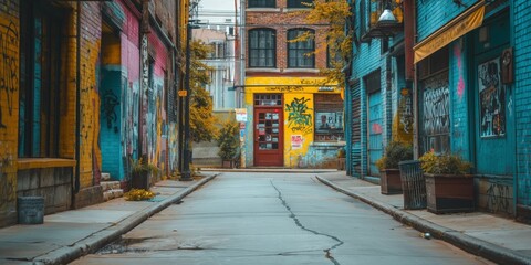 Fototapeta premium city street with graffiti wall, urban city street view background, low angle perspective, narrow passage 