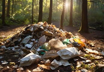 Garbage pile in the middle of a natural forest from human hands Raise awareness of taking care of the forest