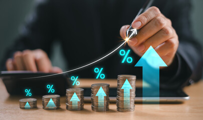 Money interest rate increase concept, percentage commission credit. Grow up stock risk management....