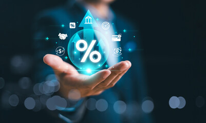 Interest rate increase concept, money percentage commission credit. Bank policy price raise....
